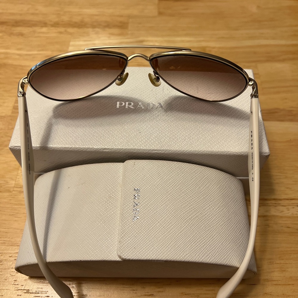 Prada Gold & White Aviator Sunglasses with Brown Lenses